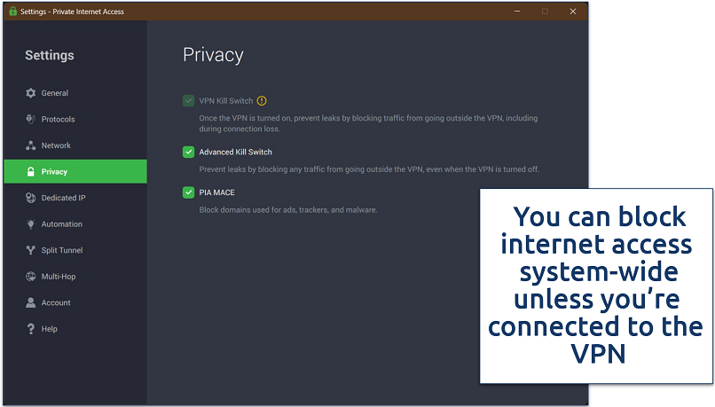 Screenshot of PIA's Windows app with its kill switch options
