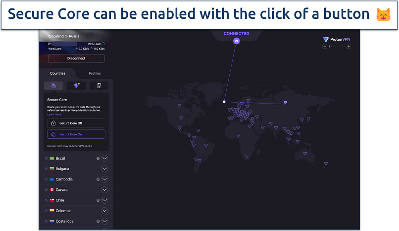 Screenshot of ProtonVPN's interface showing an active VPN connection