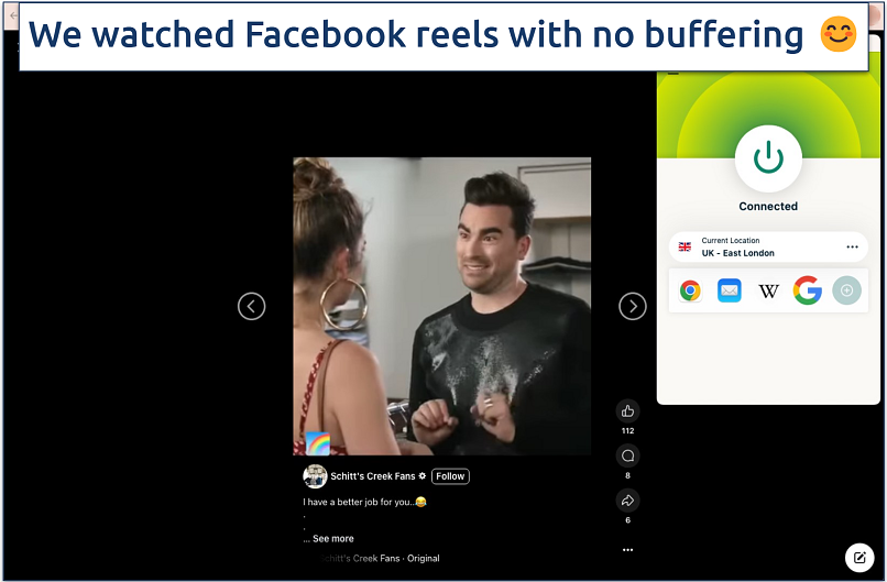 Screenshot of the Facebook app with the ExpressVPN in the background