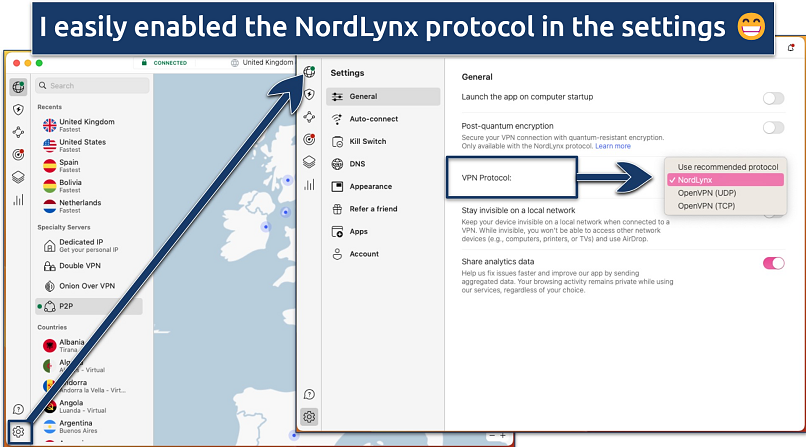 Screenshot of the protocol settings in the NordVPN app