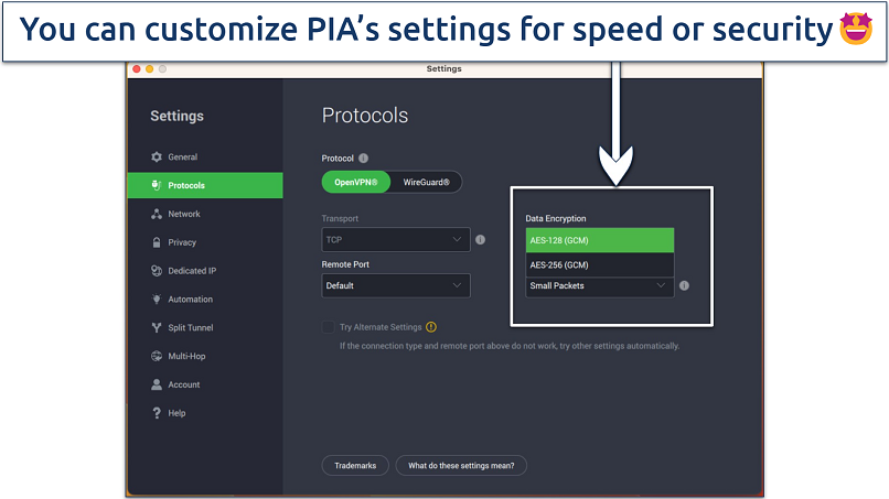Screenshot of the encryption settings in the PIA app