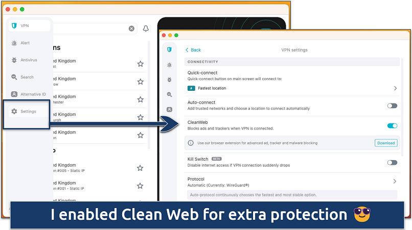 Screenshot of the VPN settings in the Surfshark app