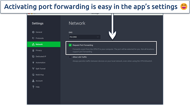 Screenshot showing how to activate PIA's port forwarding