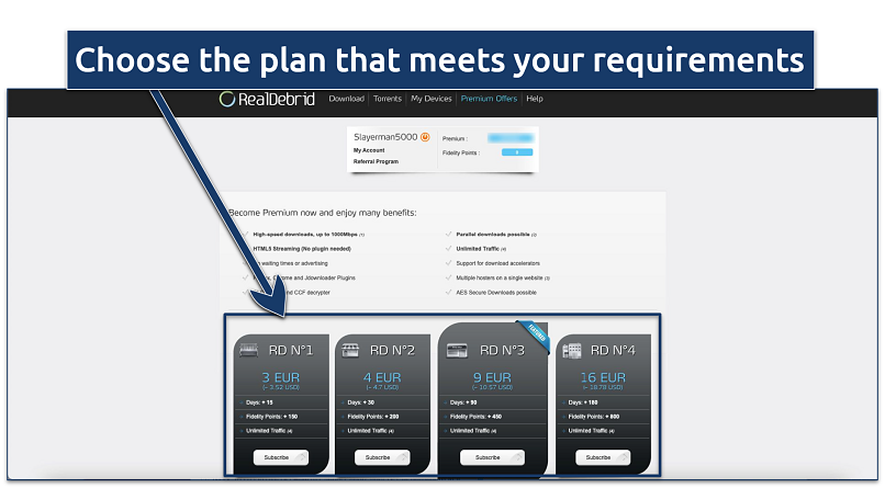 Screenshot of Real Debrid's pricing page