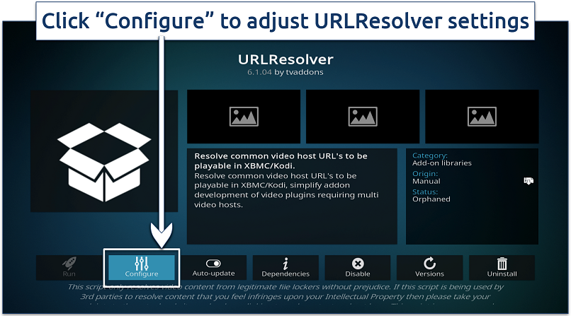 Image showing the URLResolver settings page on Kodi interface