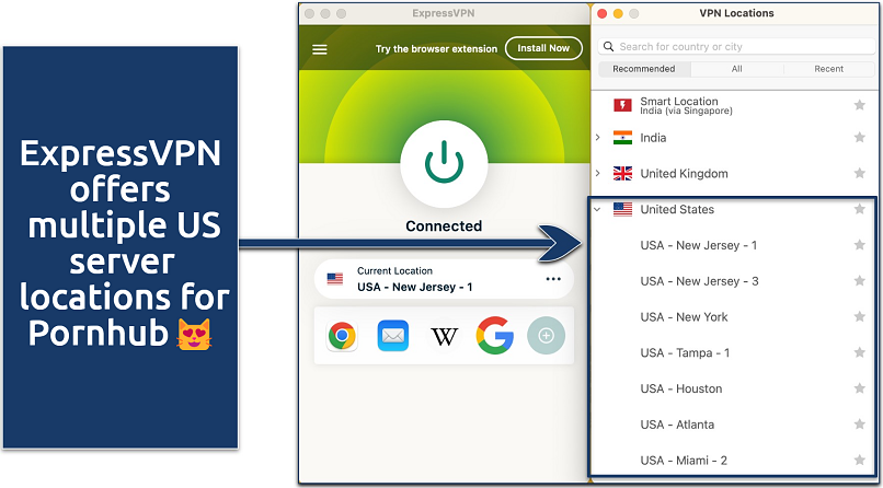 Screenshot of ExpressVPN's US server list
