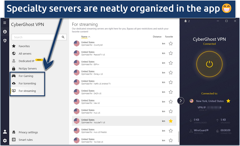 Screenshot of the CyberGhost Windows app interface with its optimized server categories highlighted