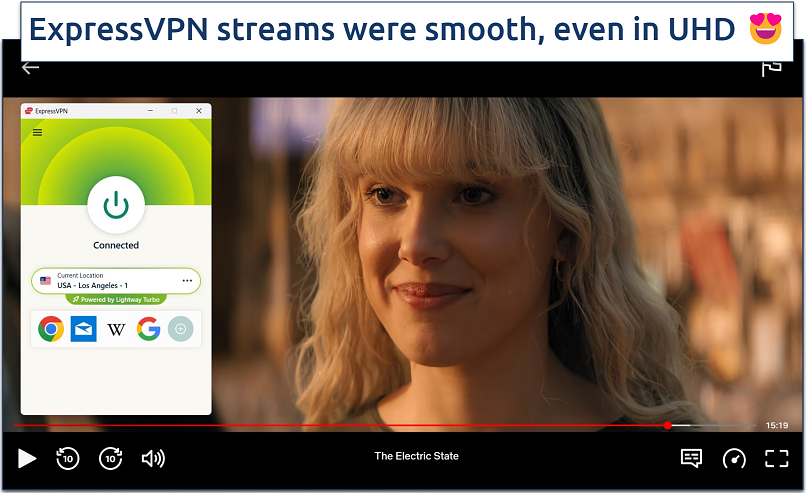 Screenshot of streaming The Electric State on Netflix in HD quality while connected to ExpressVPN's Los Angeles server