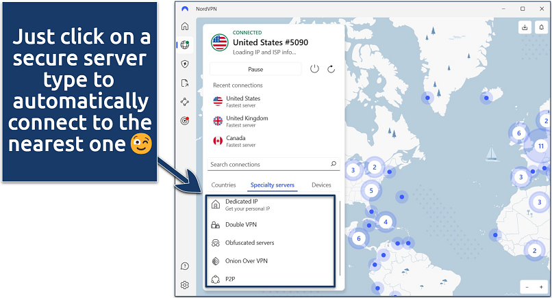 Screenshot of the NordVPN Windows app with its Specialty servers list highlighted