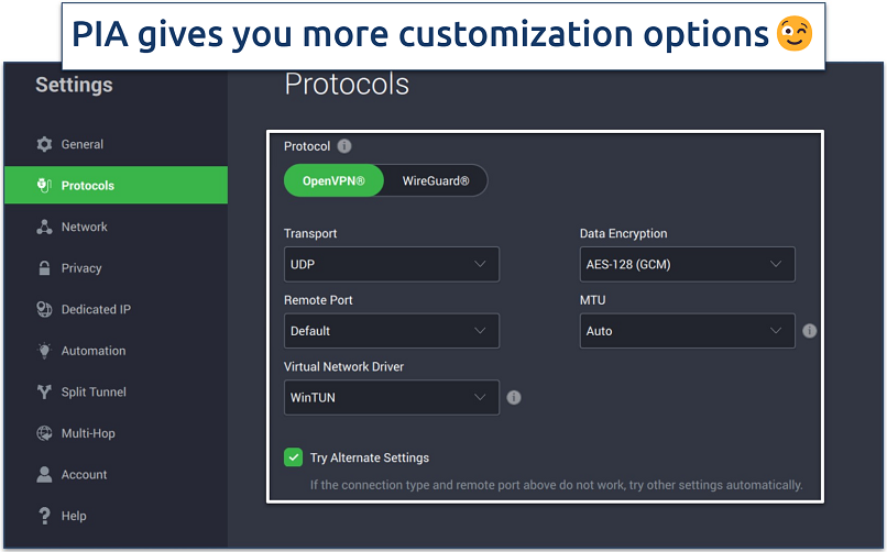 Screenshot of the PIA Protocols settings interface with all its connection settings