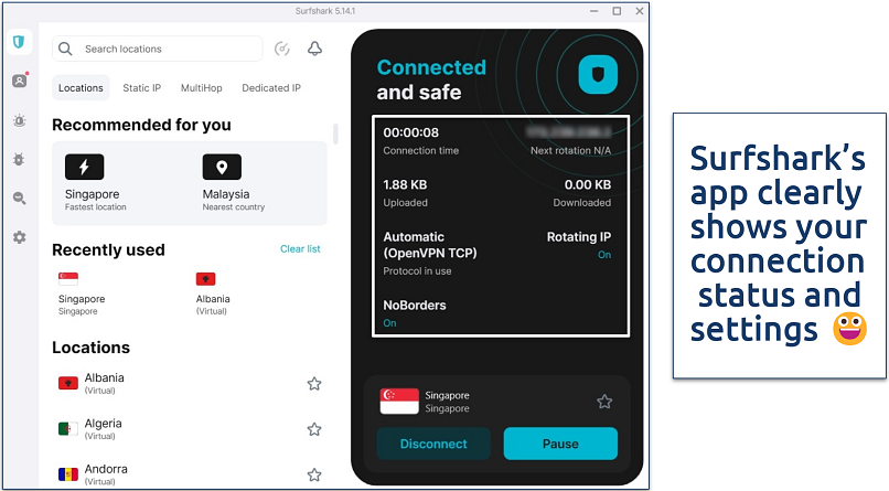 Screenshot of the Surfshark Windows app with its connection status and settings highlighted
