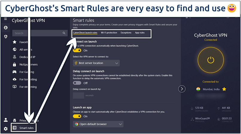 Screenshot of the CyberGhost Windows app with its Smart Rules highlighted