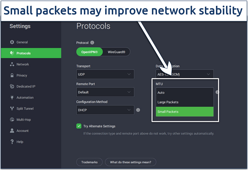 Screenshot of the PIA Windows app with its settings page open and the MTU packet size dropdown expanded