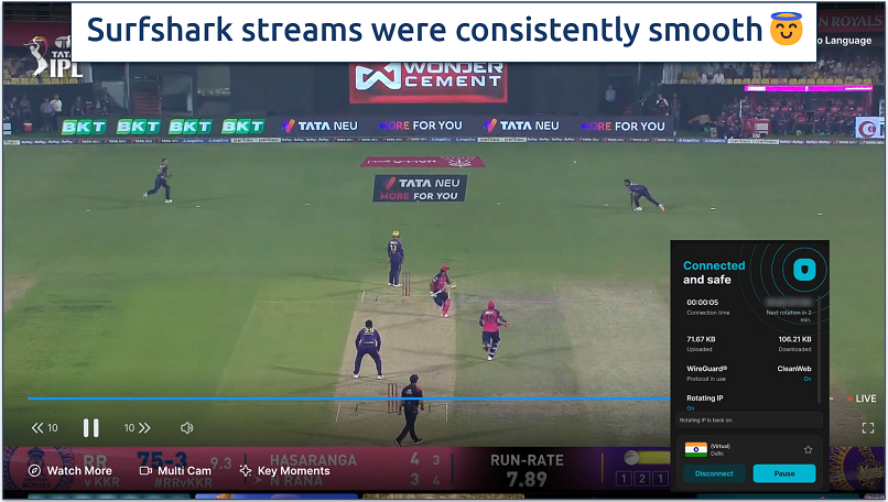 Screenshot of streaming cricket on JioCinema while connected to Surfshark's India server
