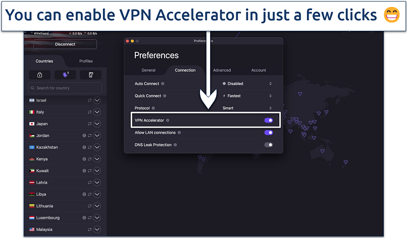 Screenshot of Proton VPN settings page showing the VPN Accelerator toggle enabled