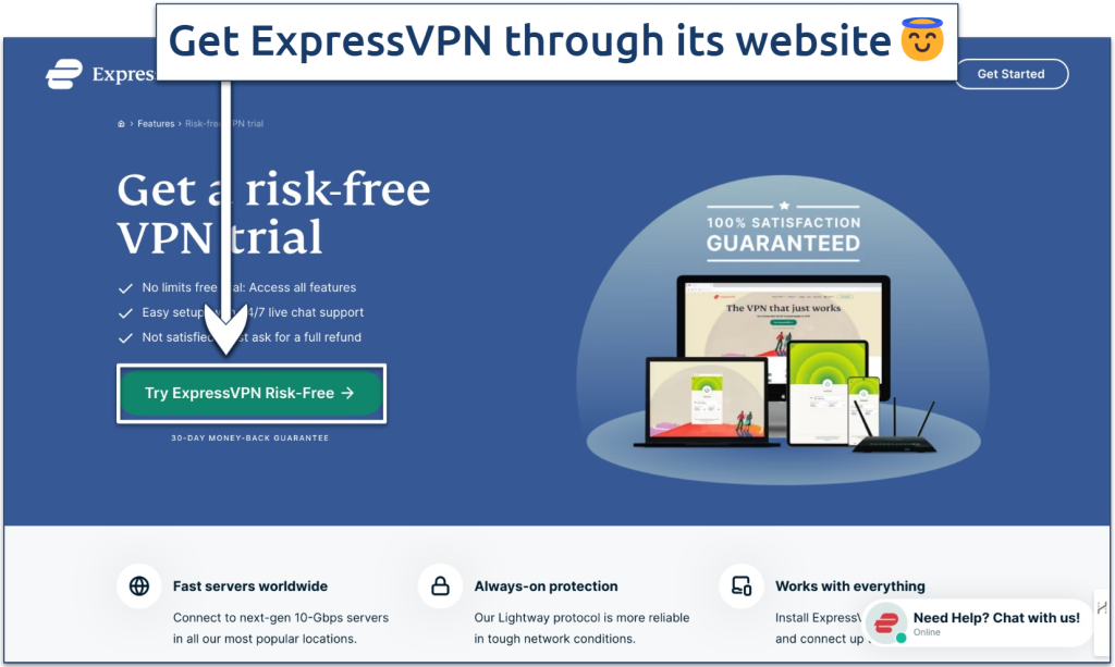 Screenshot of ExpressVPN's risk-free trial page