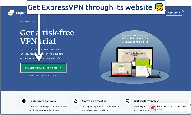 Screenshot of ExpressVPN's risk-free trial page