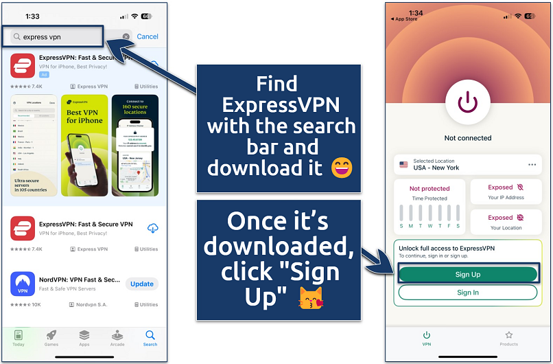 Screenshot showing how to download ExpressVPN on iOS