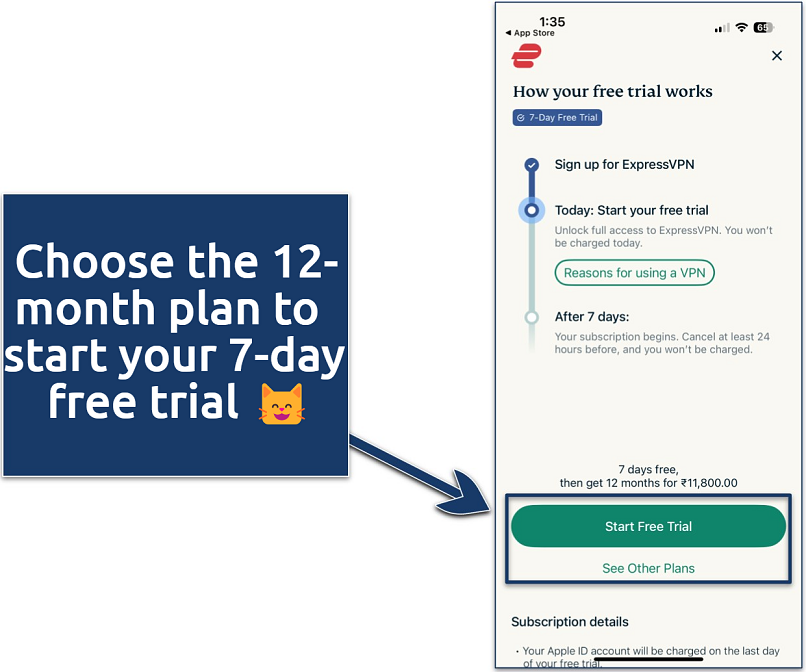 Screenshot explaining how ExpressVPN's free trial works