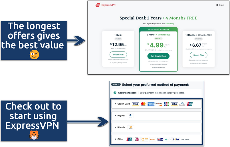Screenshots showing how to purchase an ExpressVPN plan