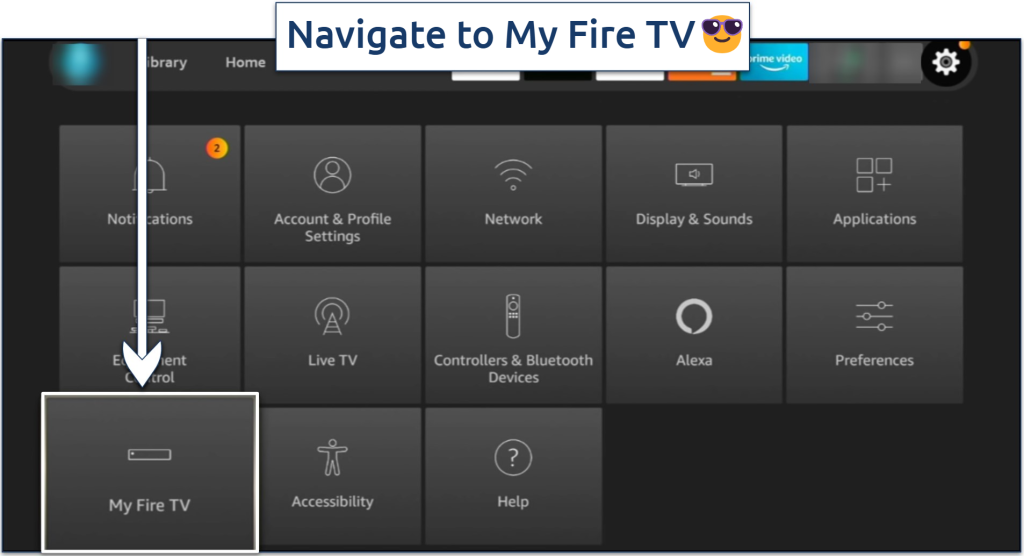 Screenshot showing how to navigate to My Fire TV