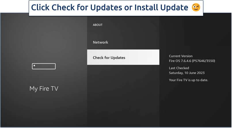Screenshot showing the Check for Updates option on Fire Stick