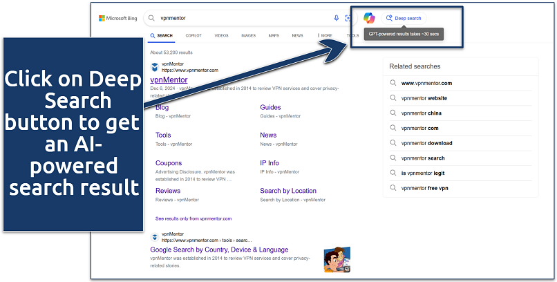 A screenshot showing how to use Bing's Deep Search feature