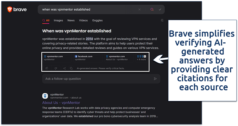 A screenshot showing Brave's AI-generated answers