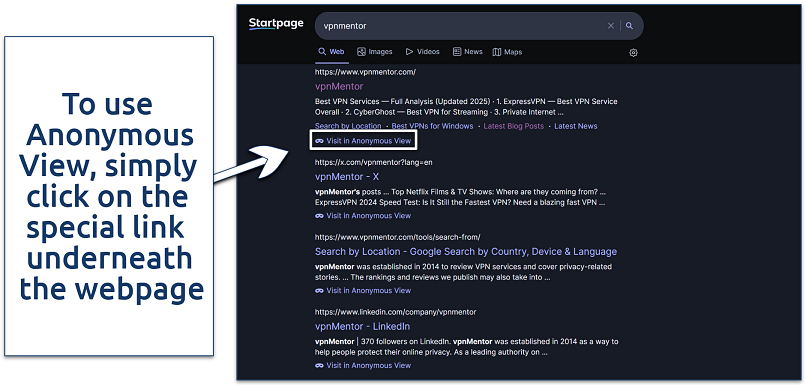 A screenshot showing how to use Startpage's Anonymous View feature