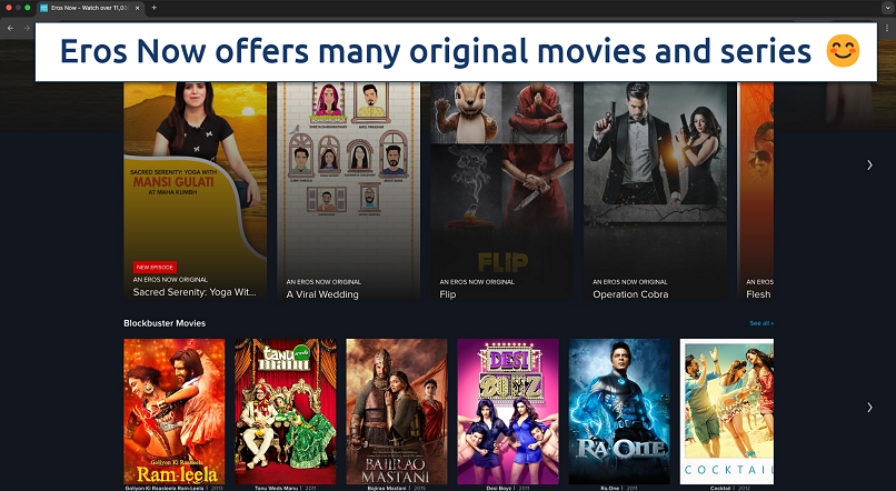 Screenshot of the Eros Now homepage