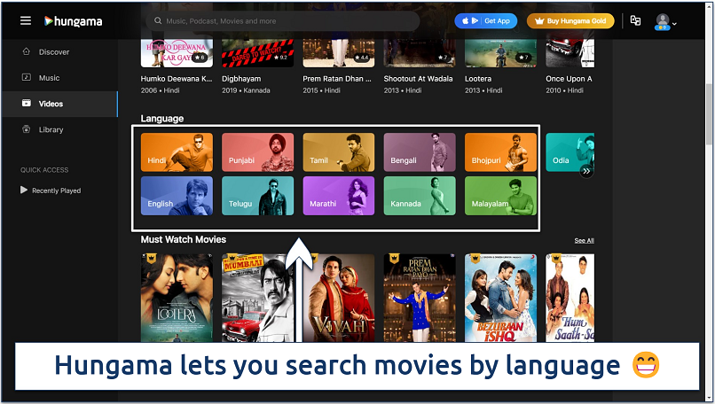 Screenshot of the Hungama Interface with its movie language options