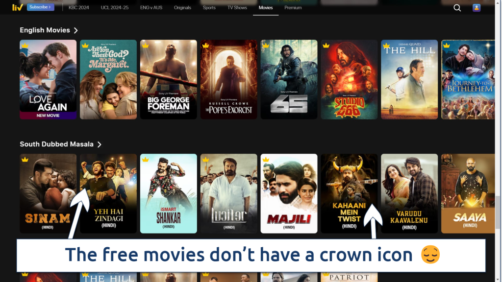 Screenshot of the movie selection on SonyLiv showing free and premium films