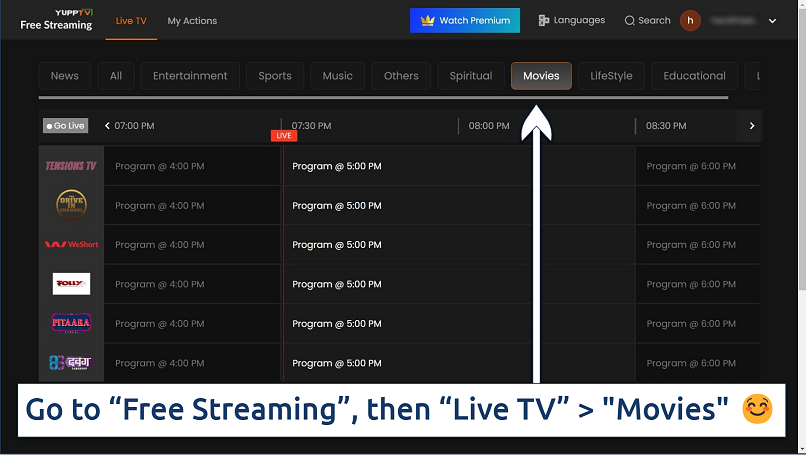 Screenshot of YuppTV's live movie channels