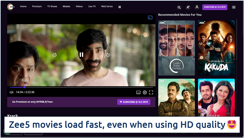 Screenshot of streaming the movie Krack on Zee5