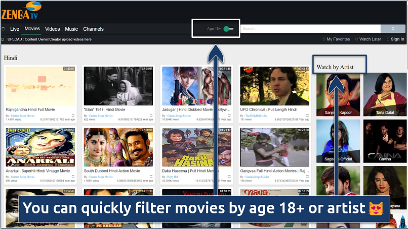 Screenshot of Zenga TV's selection of Hindi films