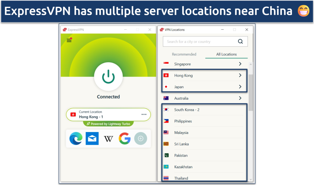 Screenshot showing some of ExpressVPN's server locations close to China