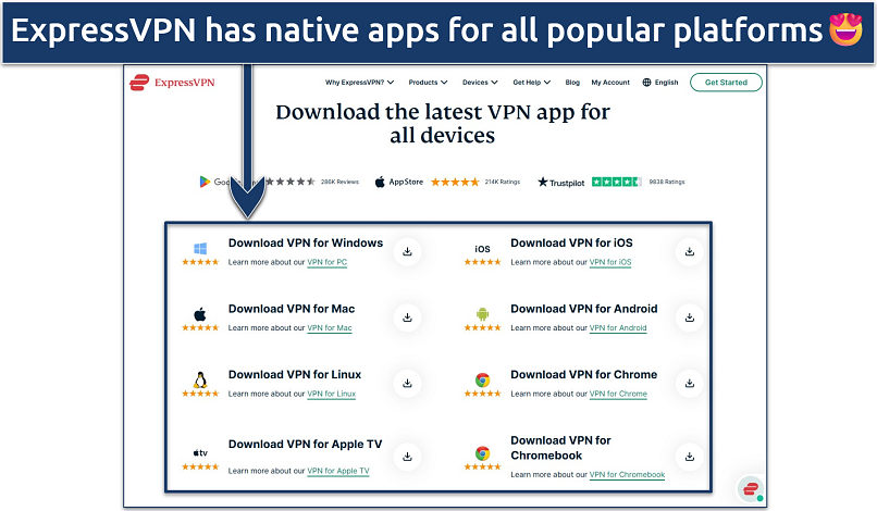 Screenshot showing some of the devices that ExpressVPN works on