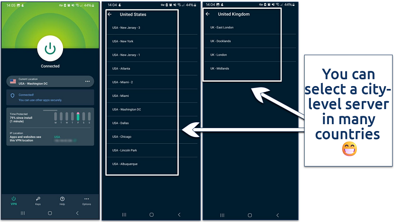 A screenshot showing ExpressVPN's city-level servers