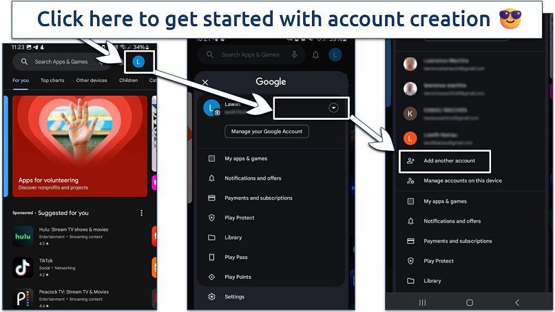 A screenshot showing how to create a Gmail account through the Play Store