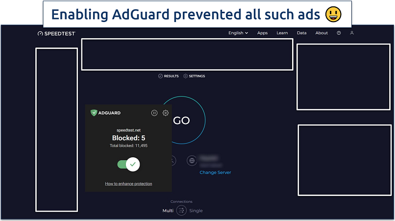 Image showing the speedtest by ookla website with AdGuard enabled