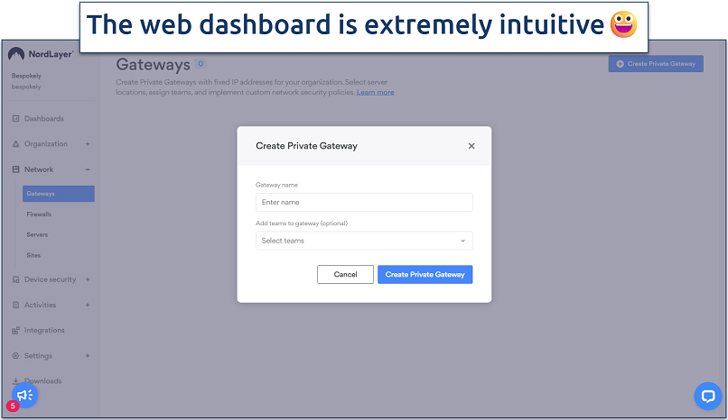 Screenshot of the NordLayer website dashboard interface with the Create Private Gateway popup dialogue