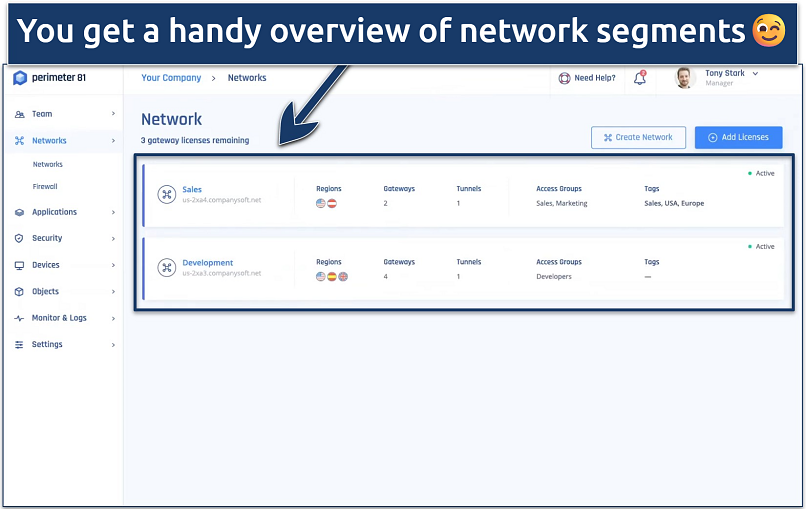 Screenshot of the Perimeter 81 website dashboard interface with the Network segments dashboard