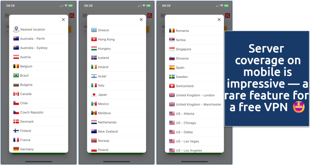 Screenshot of the server list in the Avira Phantom VPN iOS app