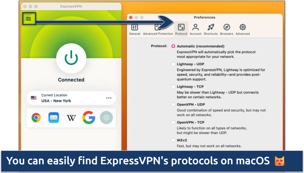Screenshot of the VPN protocol list in the ExpressVPN app on macOS
