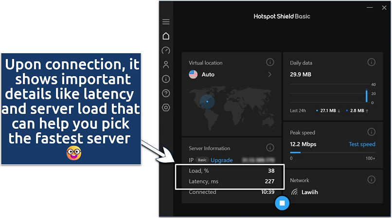Screenshot of Hotspot Shield's interface on the Windows app