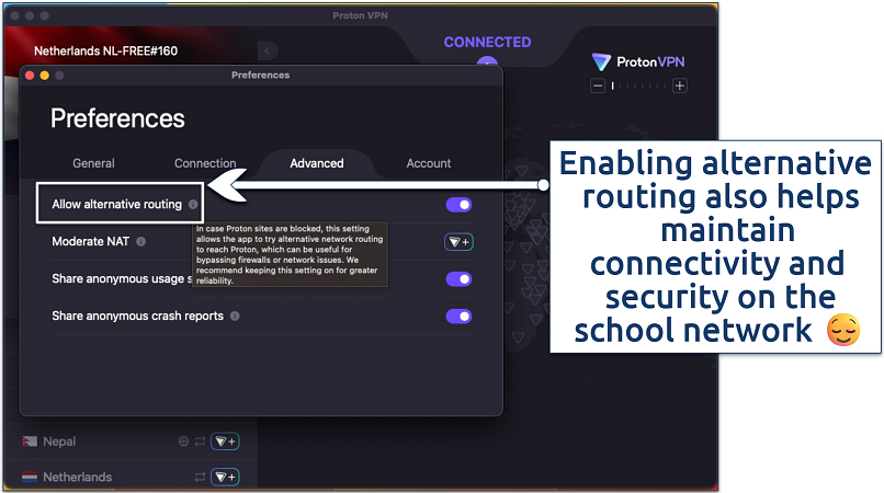 Screenshot of the Advanced Preferences in the Proton VPN app