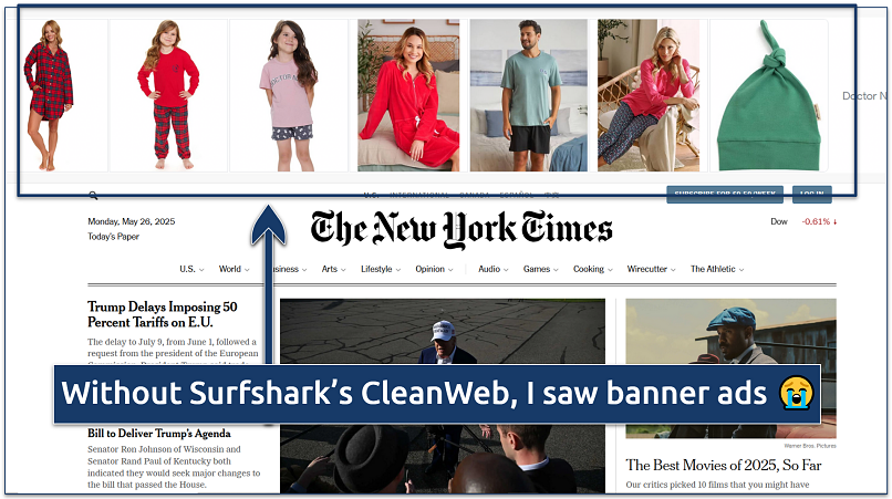 Screenshot of New York Times website riddled with ads when Surfshark's CleanWeb isn't switched on