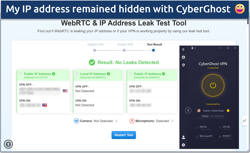 Screenshot of the results of an IP leak test with a CyberGhost connection showing no leaks detected