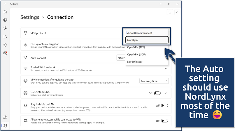 Screenshot of the NordVPN Windows app with its Connection Settings page and VPN protocol selection