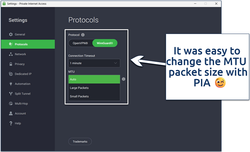 Screenshot of the PIA Windows app with its WireGuard Protocol settings page and the MTU dropdown menu expanded